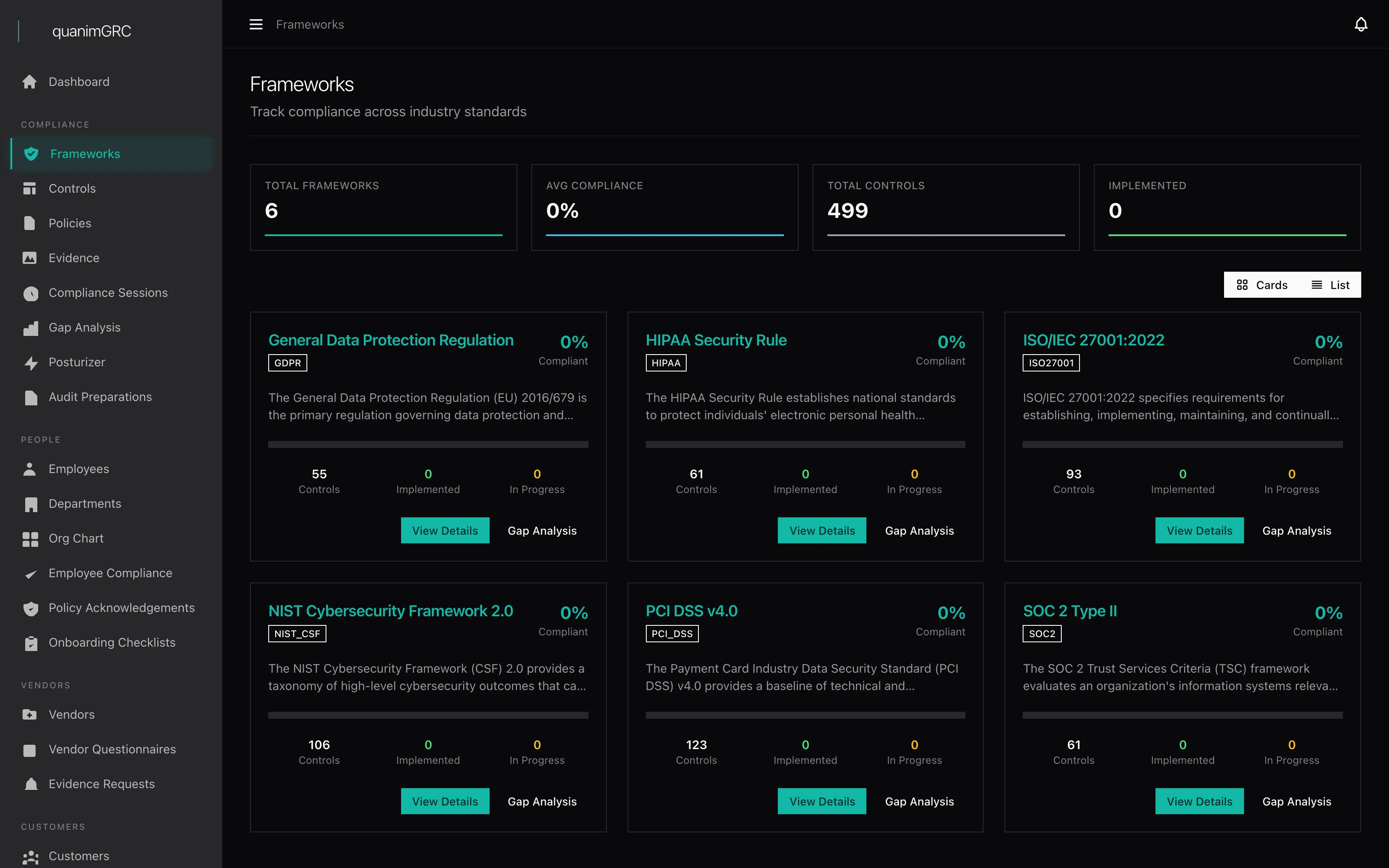 EquanimGRC framework detail page showing control coverage across SOC 2 and ISO 27001