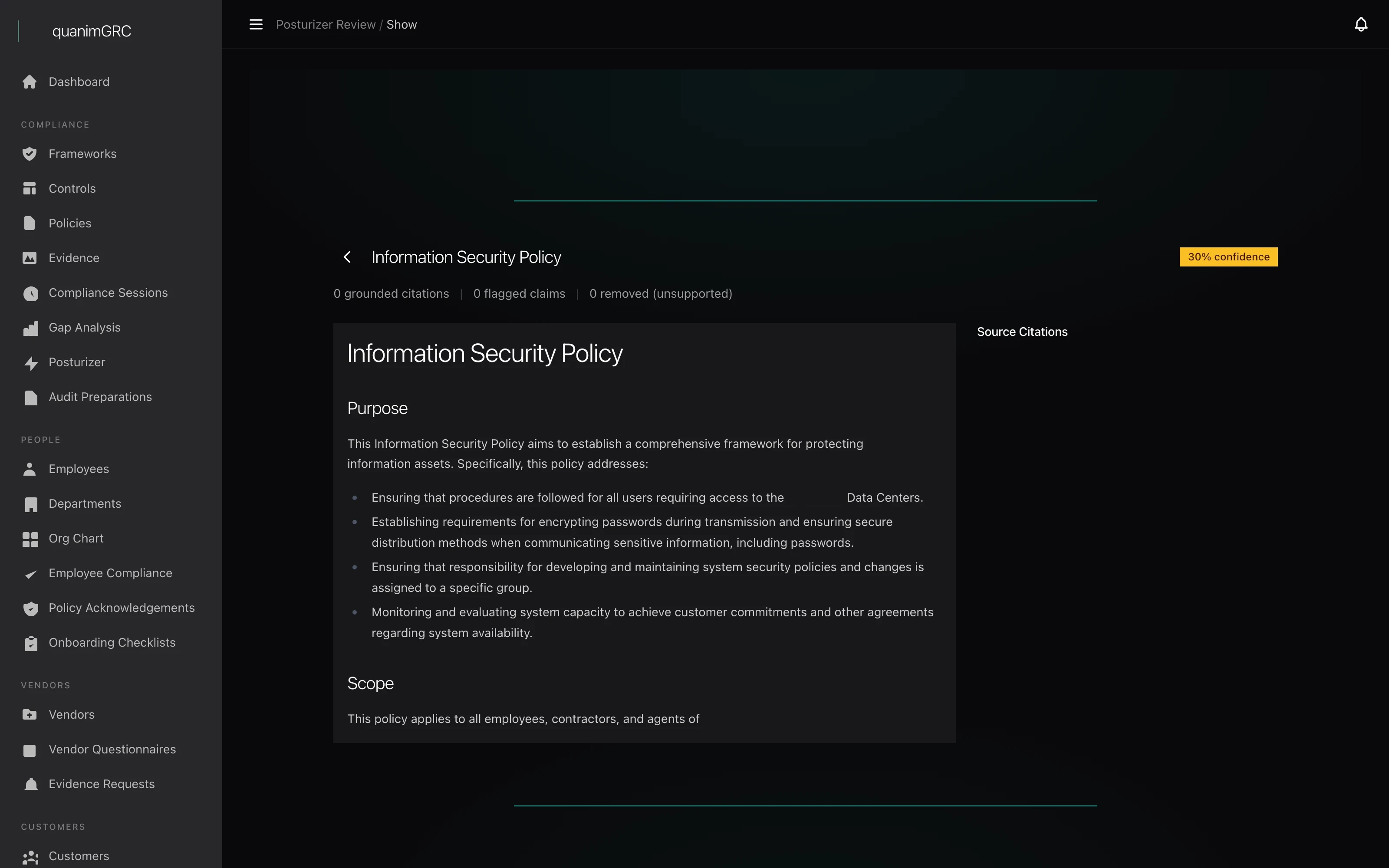 EquanimGRC policy review screen showing generated policy with inline citations and confidence scores