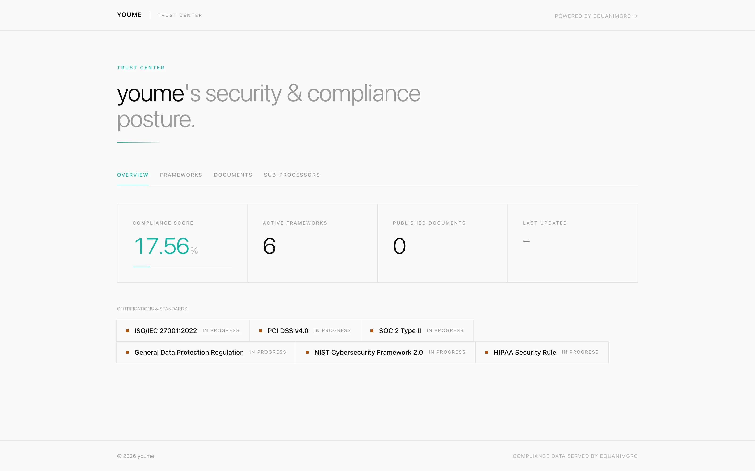 EquanimGRC public Trust Portal showing framework cards, sub-processor list, and NDA-gated document downloads